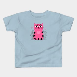 Bright Eyed Pink Heart Kitty In The Flower Garden Kids T-Shirt